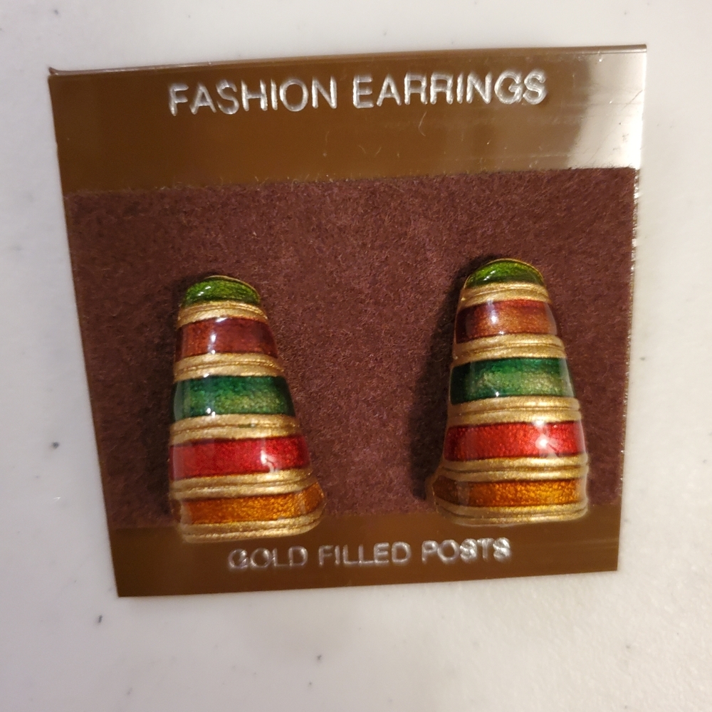 Red Green Orange Gold Domed Vintage Dangle Pierced Post Earrings